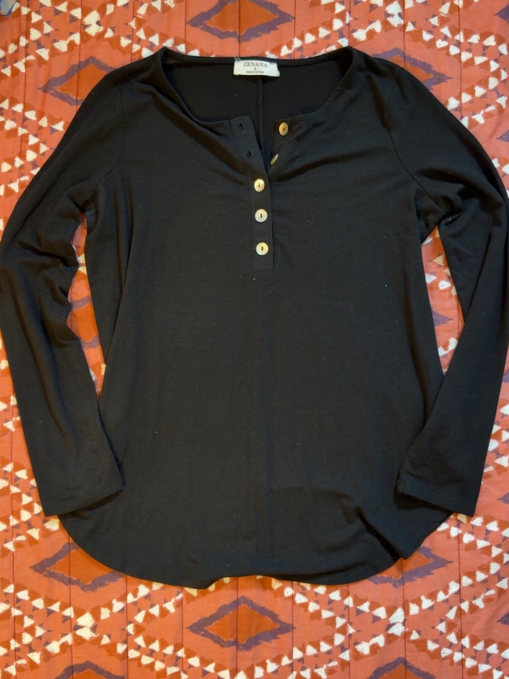 Zenana Outfitters Black Long-Sleeve Henley with Wooden Buttons